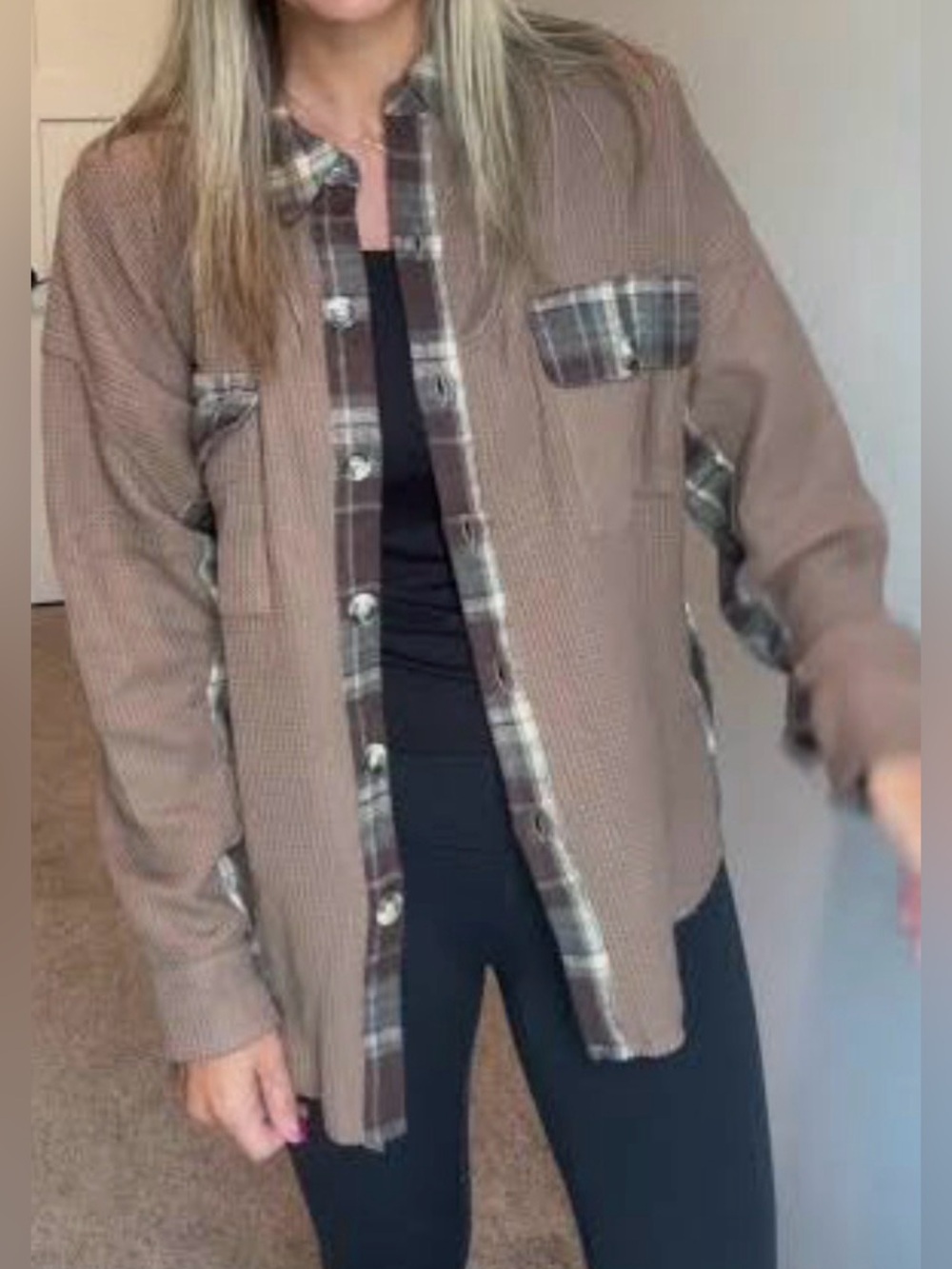 Waffle Knit Plaid Trim Button-Up Jacket - Brown